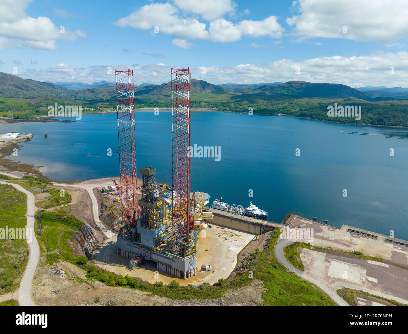 Aerial view from drone of oil industry jack up rig in dry dock at Kishorn Yard on Loch Kishorn, Scottish Highlands, `Scotland, UK Stock Photo